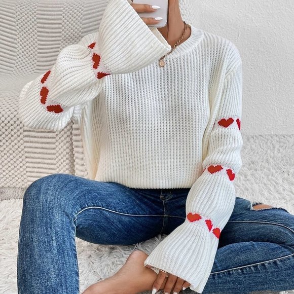 White Preppy Womens Heart Pattern Flounce Sleeve Sweater - Picture 1 of 5